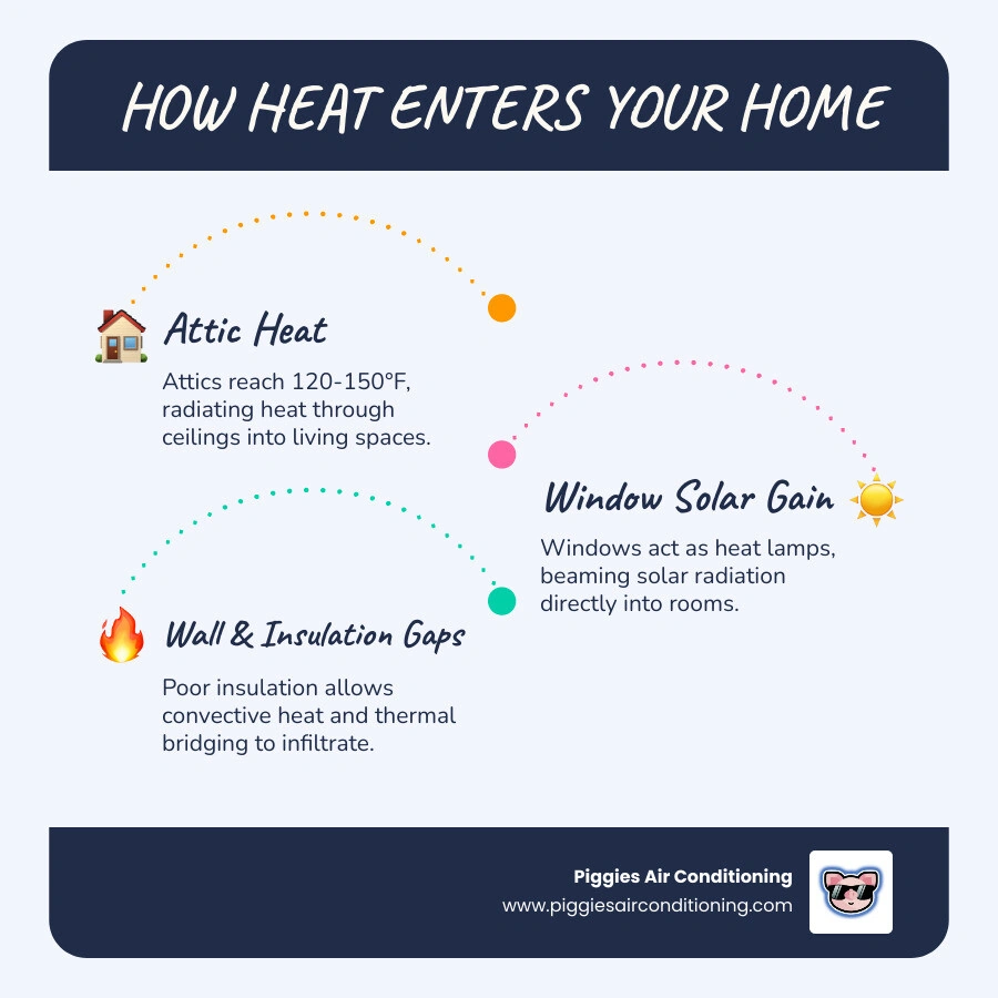 infographic showing how heat enters a home through windows, attic, and walls and increases AC workload infographic infographic showing how heat enters a home through windows, attic, and walls and increases AC workload infographic