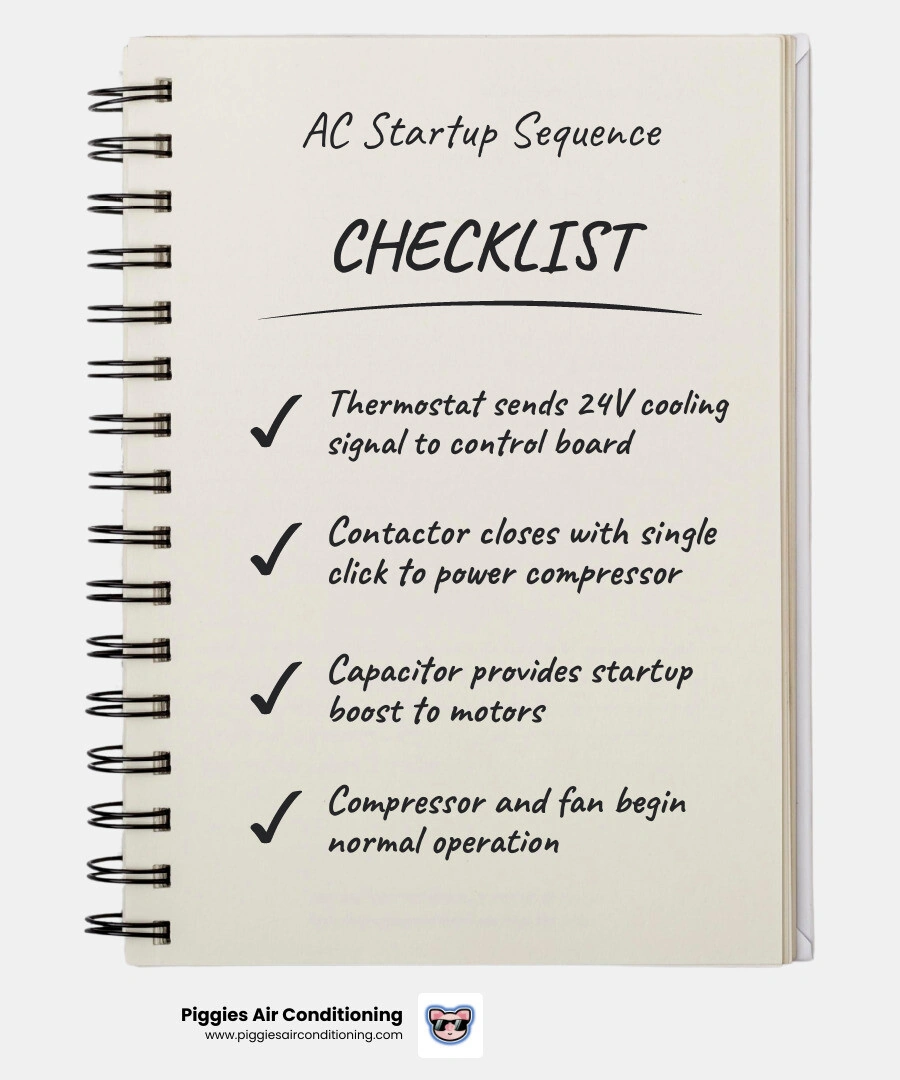Infographic showing the standard AC startup sequence from thermostat signal to compressor start, with clicking noise causes Infographic showing the standard AC startup sequence from thermostat signal to compressor start, with clicking noise causes