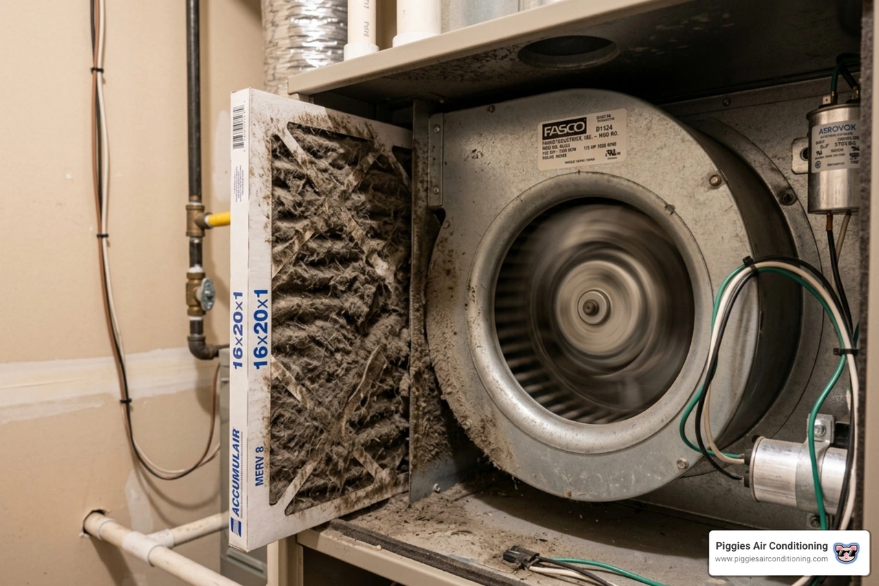HVAC blower motor straining to pull air through a heavily clogged and dusty filter
