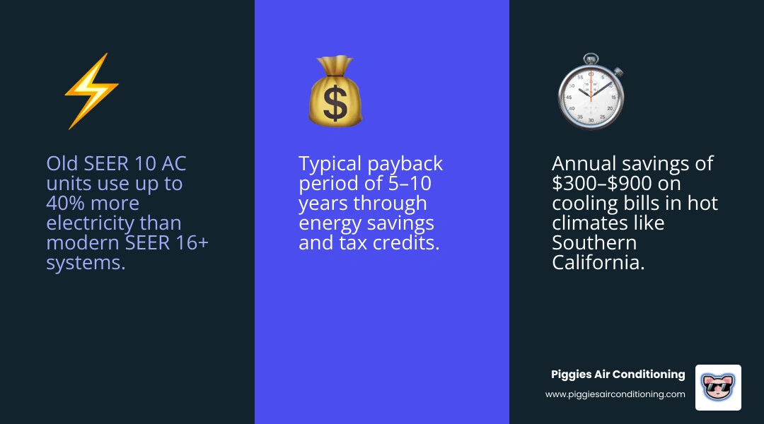 Infographic showing how modern high-efficiency AC reduces energy waste and offsets replacement cost through savings