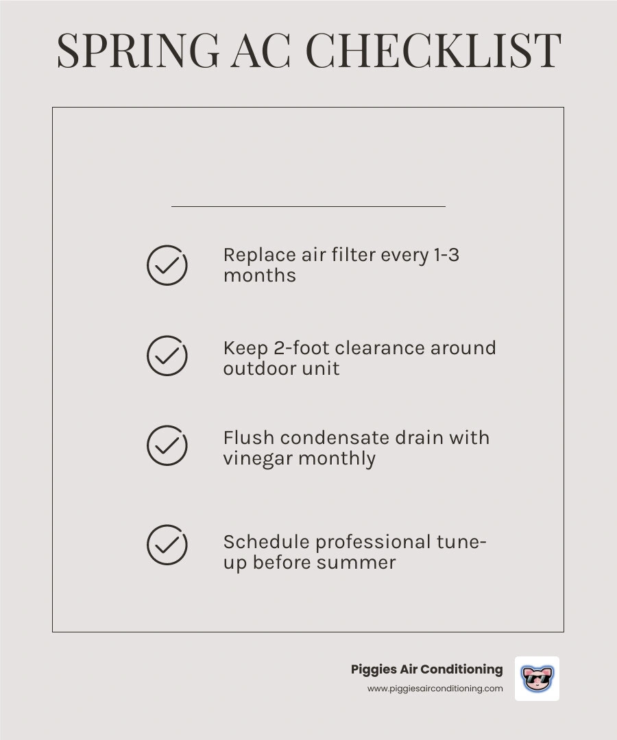 Spring AC maintenance checklist infographic: 10 steps from filter replacement to professional tune-up infographic