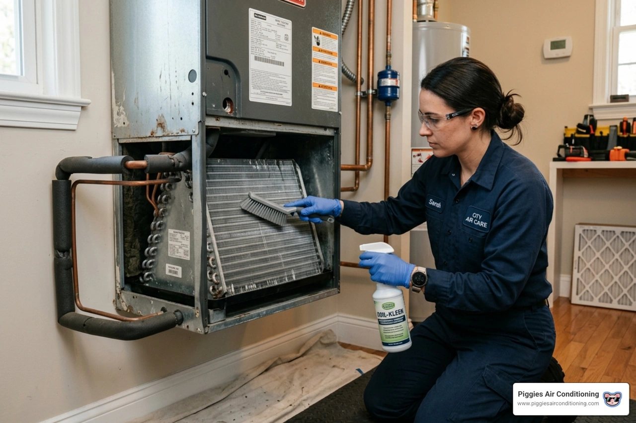Technician cleaning evaporator coils with specialized tools Technician cleaning evaporator coils with specialized tools