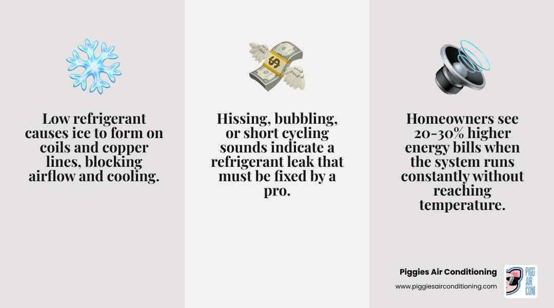Infographic showing 6 signs of low AC refrigerant and what causes refrigerant loss in a home system infographic
