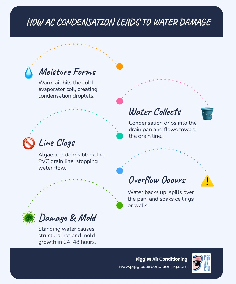 Infographic showing how AC condensation forms, flows through drain pan and drain line, and exits the home, with callouts for