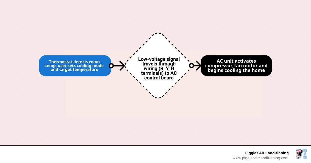Infographic showing the communication path from thermostat through wiring to AC control board and outdoor unit infographic Infographic showing the communication path from thermostat through wiring to AC control board and outdoor unit infographic