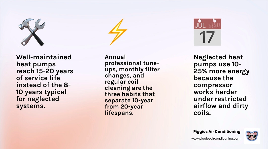 Infographic showing heat pump lifespan by maintenance level with key tasks and energy impact infographic