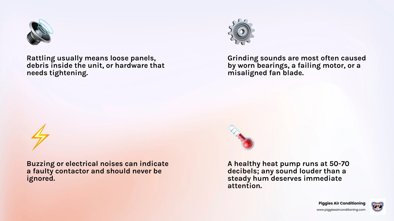 Infographic showing common heat pump noise types, their causes, and recommended homeowner actions infographic