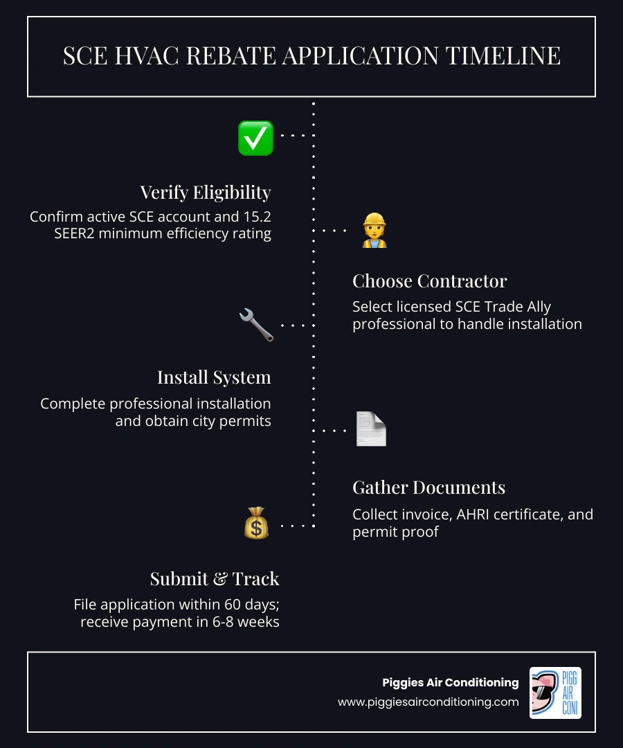 SCE HVAC rebate application timeline infographic from eligibility check to rebate payment infographic