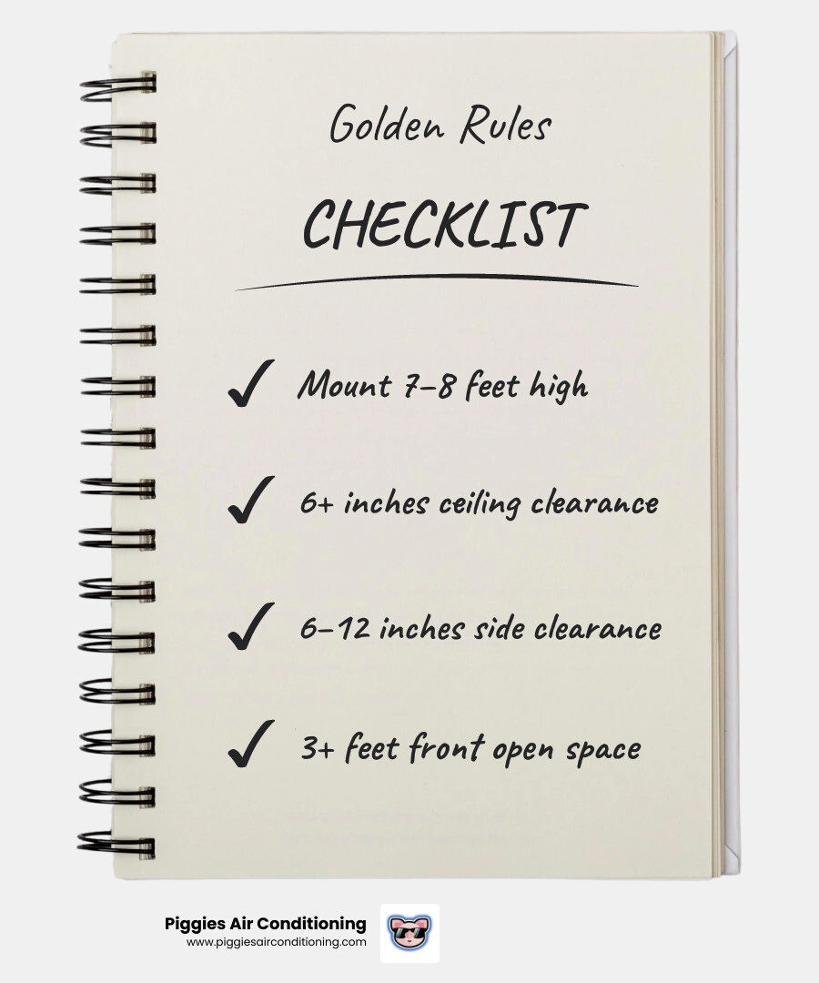 Infographic showing golden rules of airflow for mini split indoor unit placement: height, clearance, wall type, and areas to Infographic showing golden rules of airflow for mini split indoor unit placement: height, clearance, wall type, and areas to