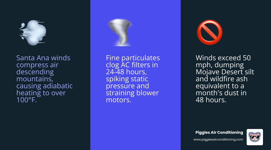 Infographic showing how Santa Ana winds compress and heat air as they descend, increasing dust load, clogging filters in Infographic showing how Santa Ana winds compress and heat air as they descend, increasing dust load, clogging filters in