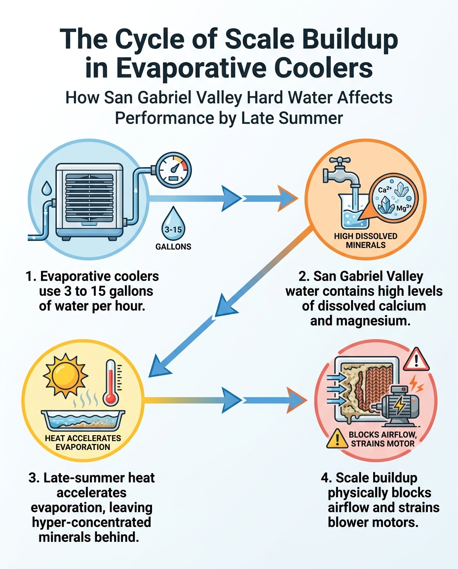 The Cycle of Scale Buildup in Evaporative Coolers