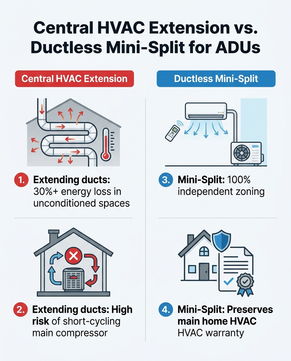 Central HVAC Extension vs. Ductless Mini-Split for ADUs