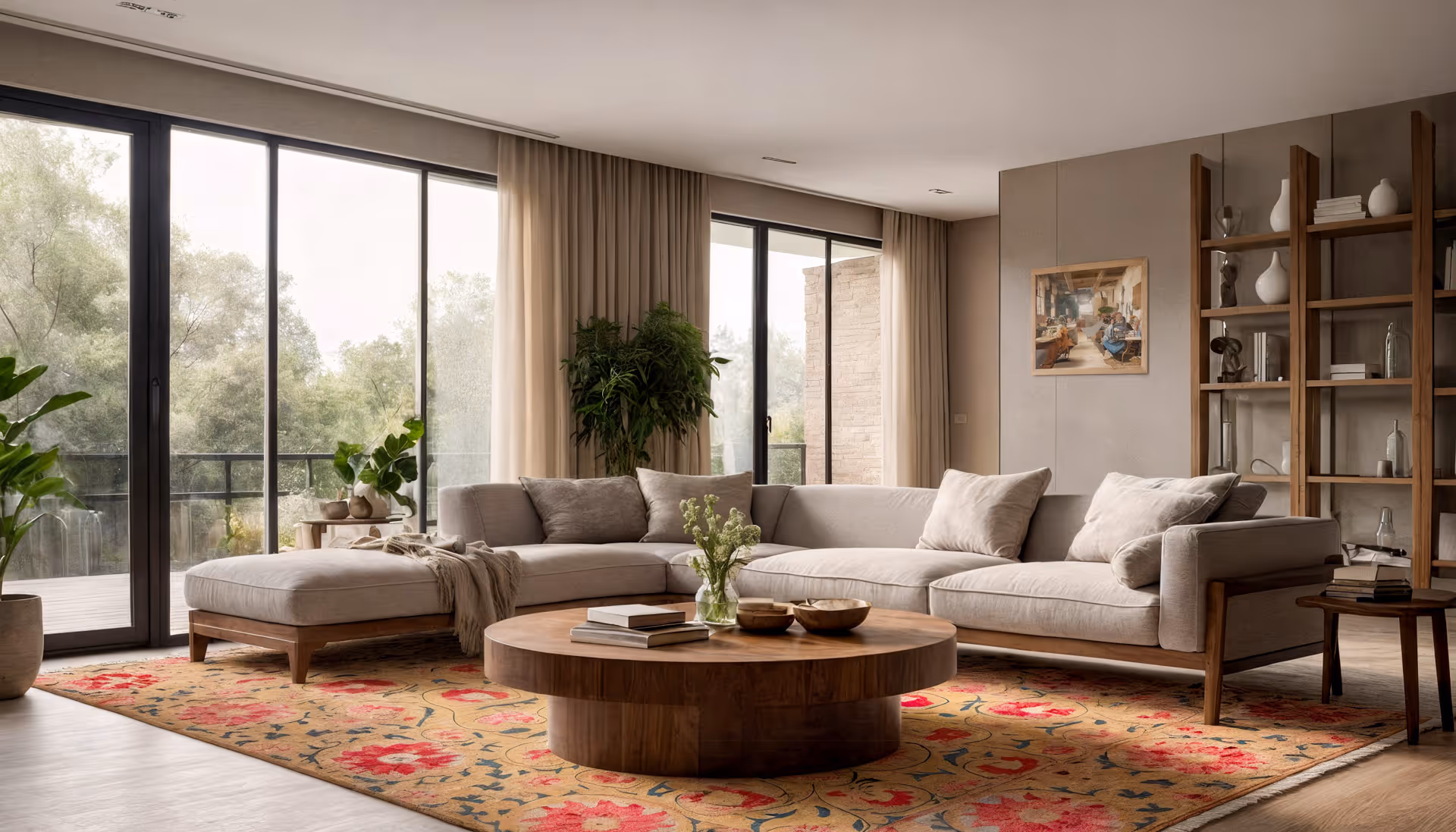 Een groot formaat moderne tapijt in de woonkamer