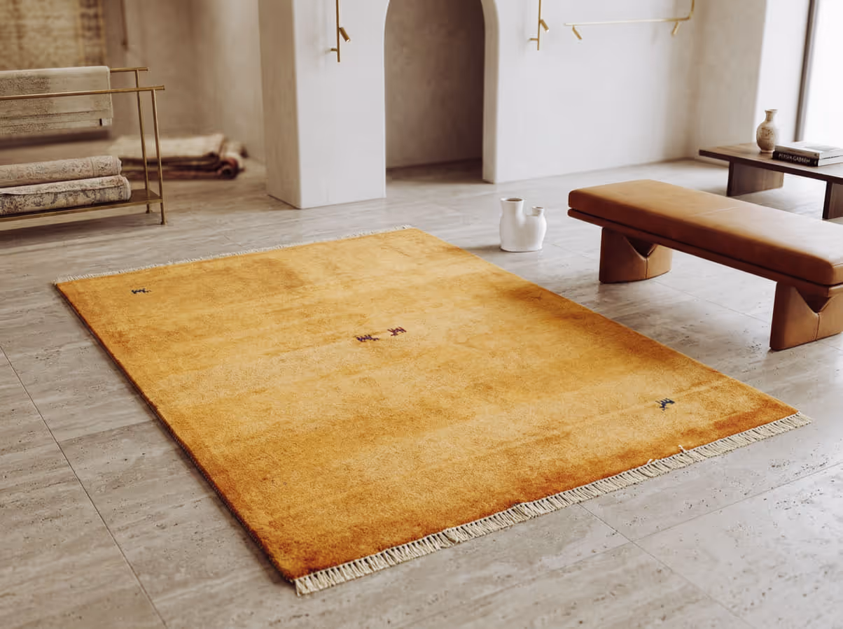 Gabbeh tapijt met gedurfde kleurvlakken en nomadische patronen