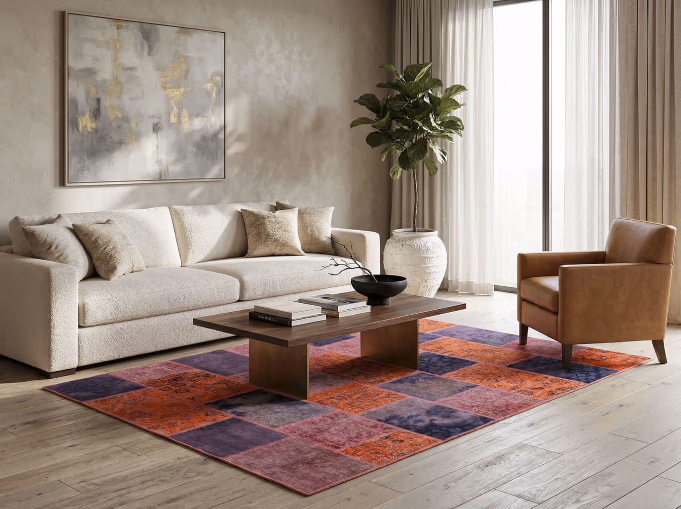 Handgeknoopt tapijt in een modern wooninterieur — akoestisch comfort en warmte