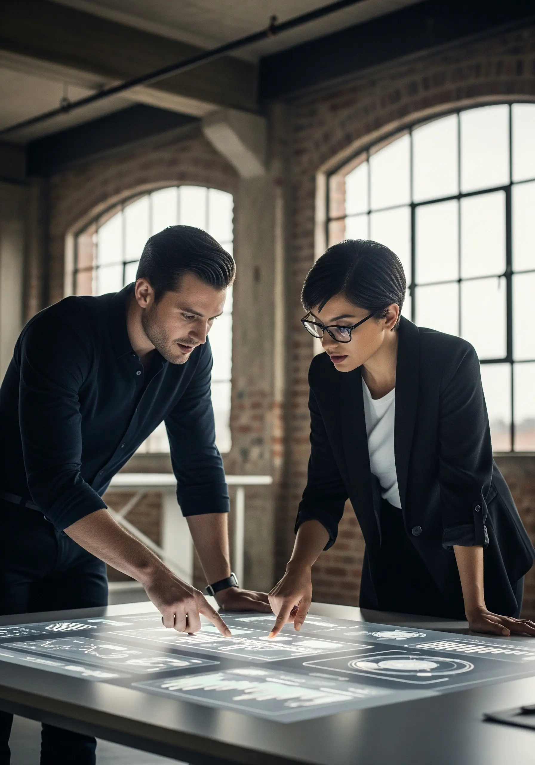Wege der Zusammenarbeit - Ein Mann und eine Frau in Business Kleidung sind in einem industriellen Büro mit Backstein und begutachten auf einem Tisch Grafiken und Tabellen 