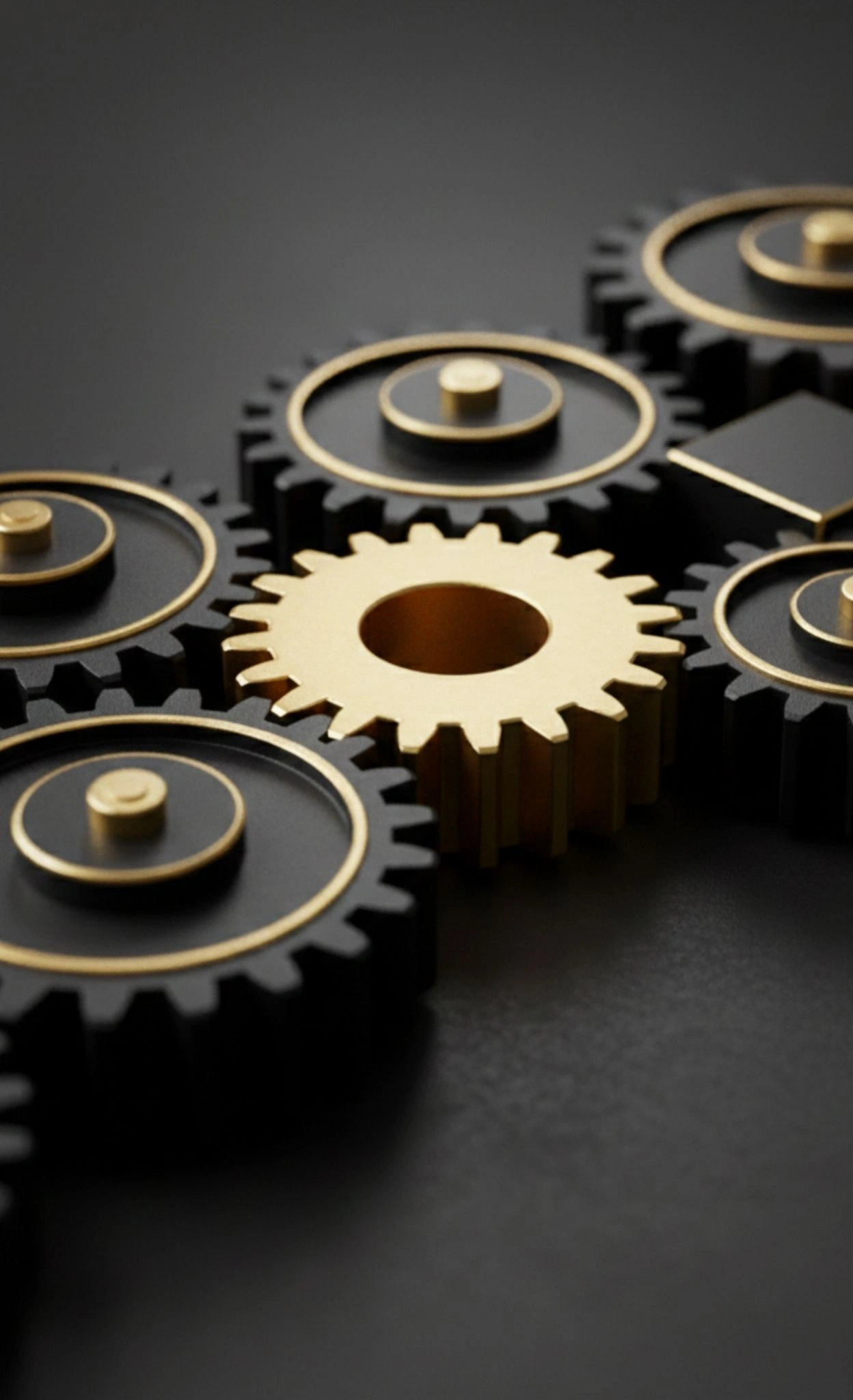 Symbolbild für KI-gestützte Strategie-Analyse: Ein zentrales goldenes Zahnrad greift nahtlos in ein System aus schwarzen Zahnrädern ein und verdeutlicht das Zusammenspiel von Strategie-Analysten und souveräner Enterprise KI zur Optimierung von Geschäftsprozessen.