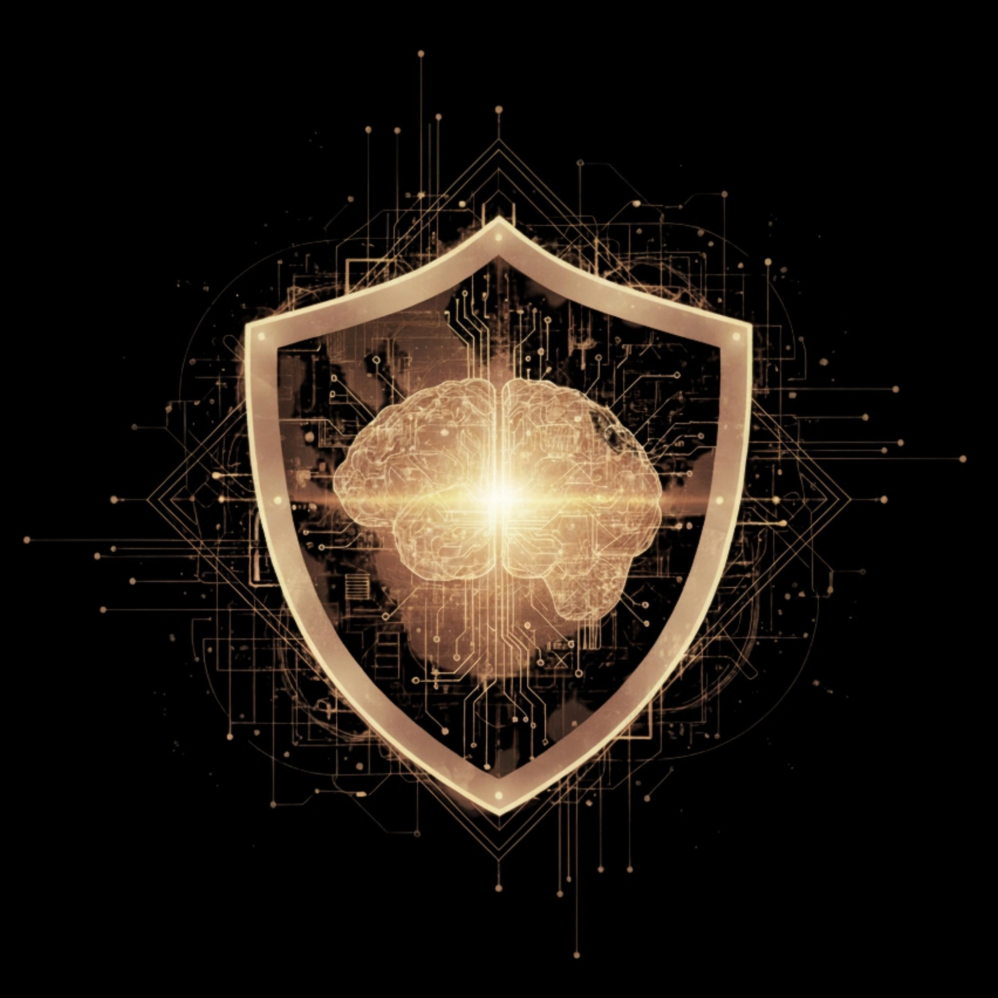 Symbolbild für souveräne KI im Unternehmen: Ein leuchtendes menschliches Gehirn hinter einem Schutzschild, umgeben von digitalen Schaltkreisen, als Darstellung für sicheres Enterprise KI Wissensmanagement.