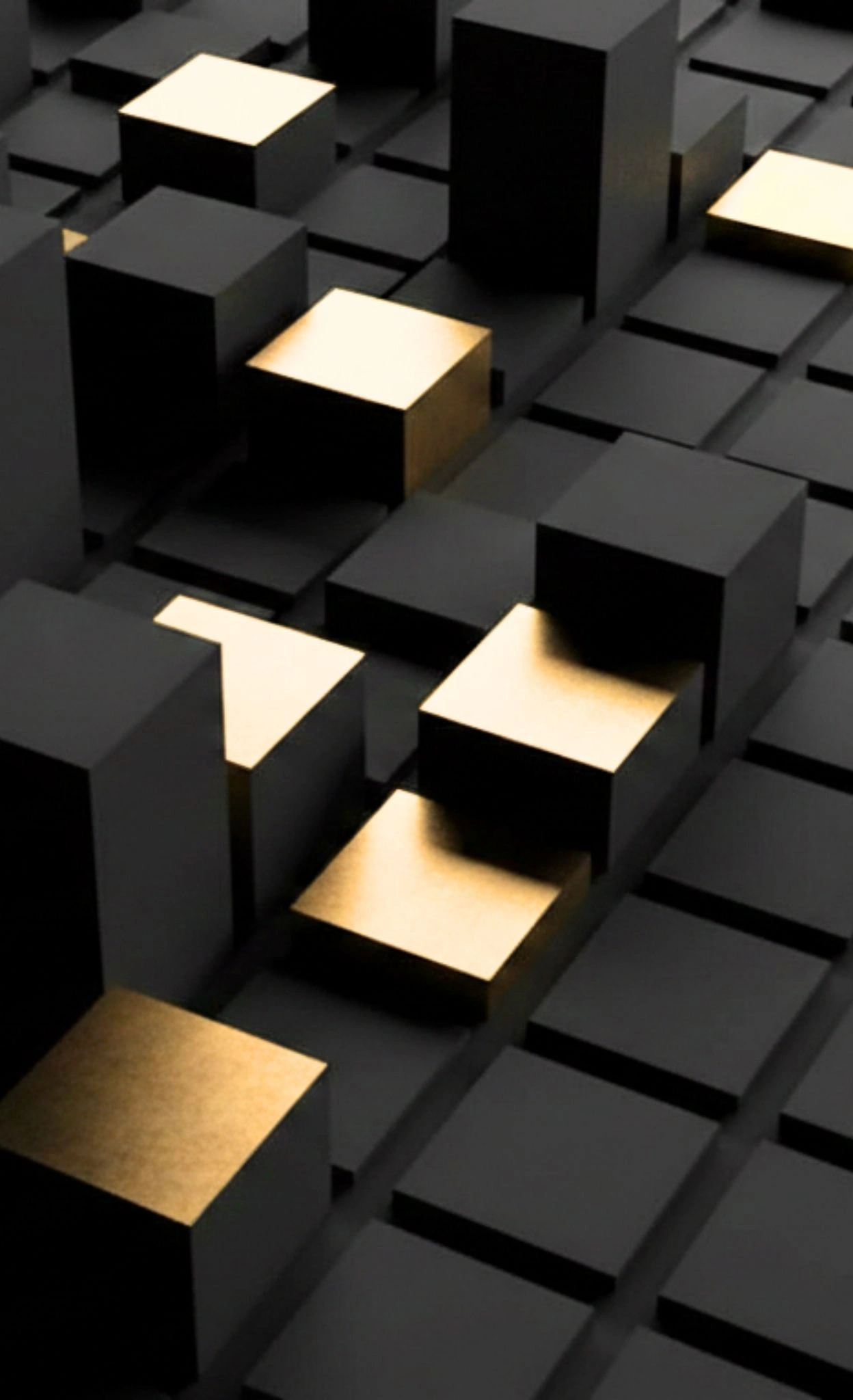 Abstrakte Darstellung modularer Enterprise KI Infrastruktur: Dunkle und goldene 3D-Quader in einer gitterartigen Anordnung symbolisieren skalierbare Software-Module und souveräne KI-Datenstrukturen.