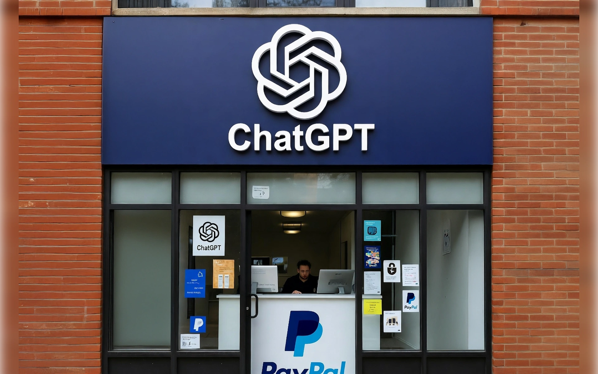 Ein Gebäude mit ChatGPT Logo und Bankschalter von Paypal innen