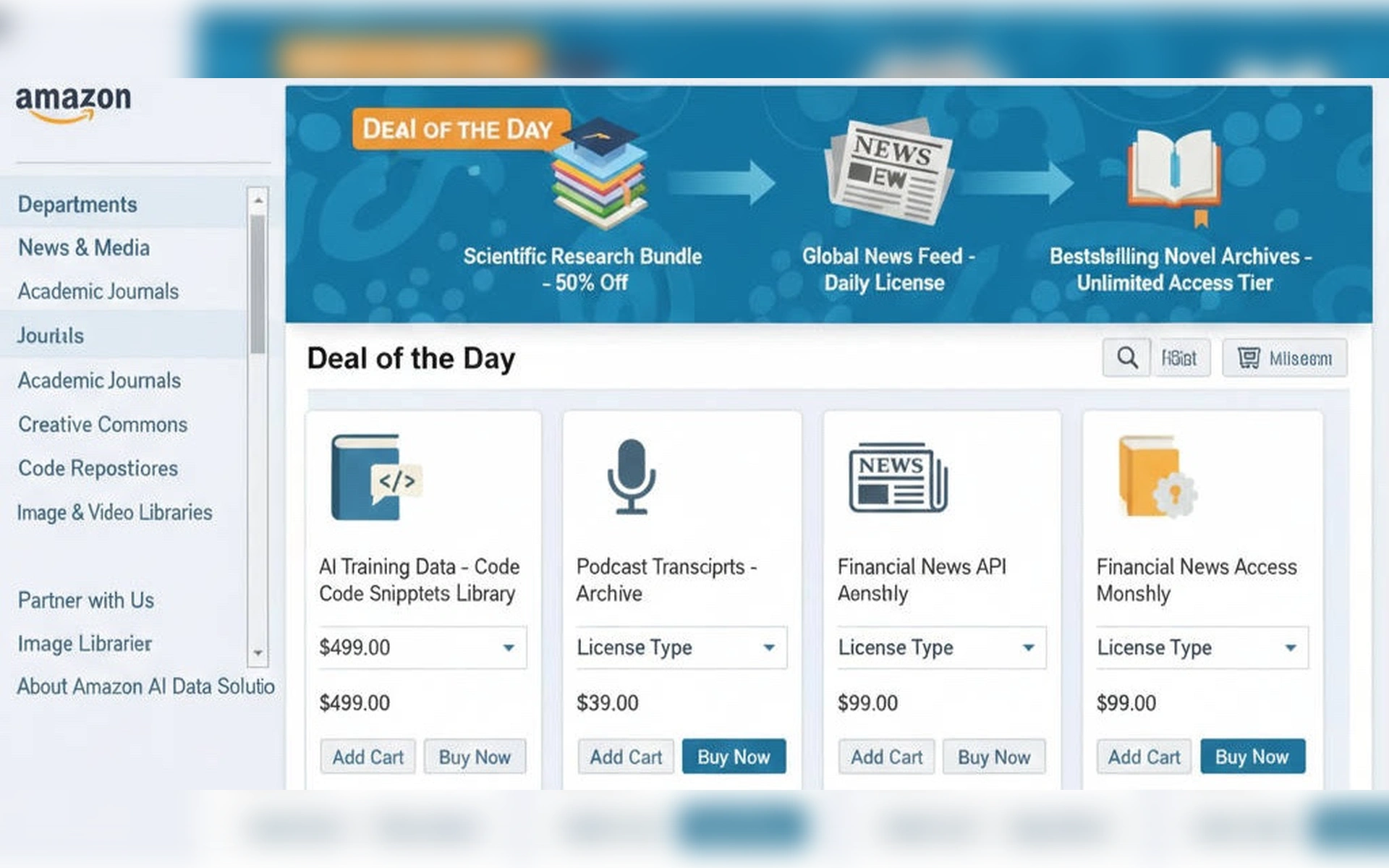 Mockup einer Amazon-Webseite für KI-Trainingsdaten, Podcasts und News-Archive unter dem Label „Deal of the Day“ mit Preisangaben und Lizenzoptionen.