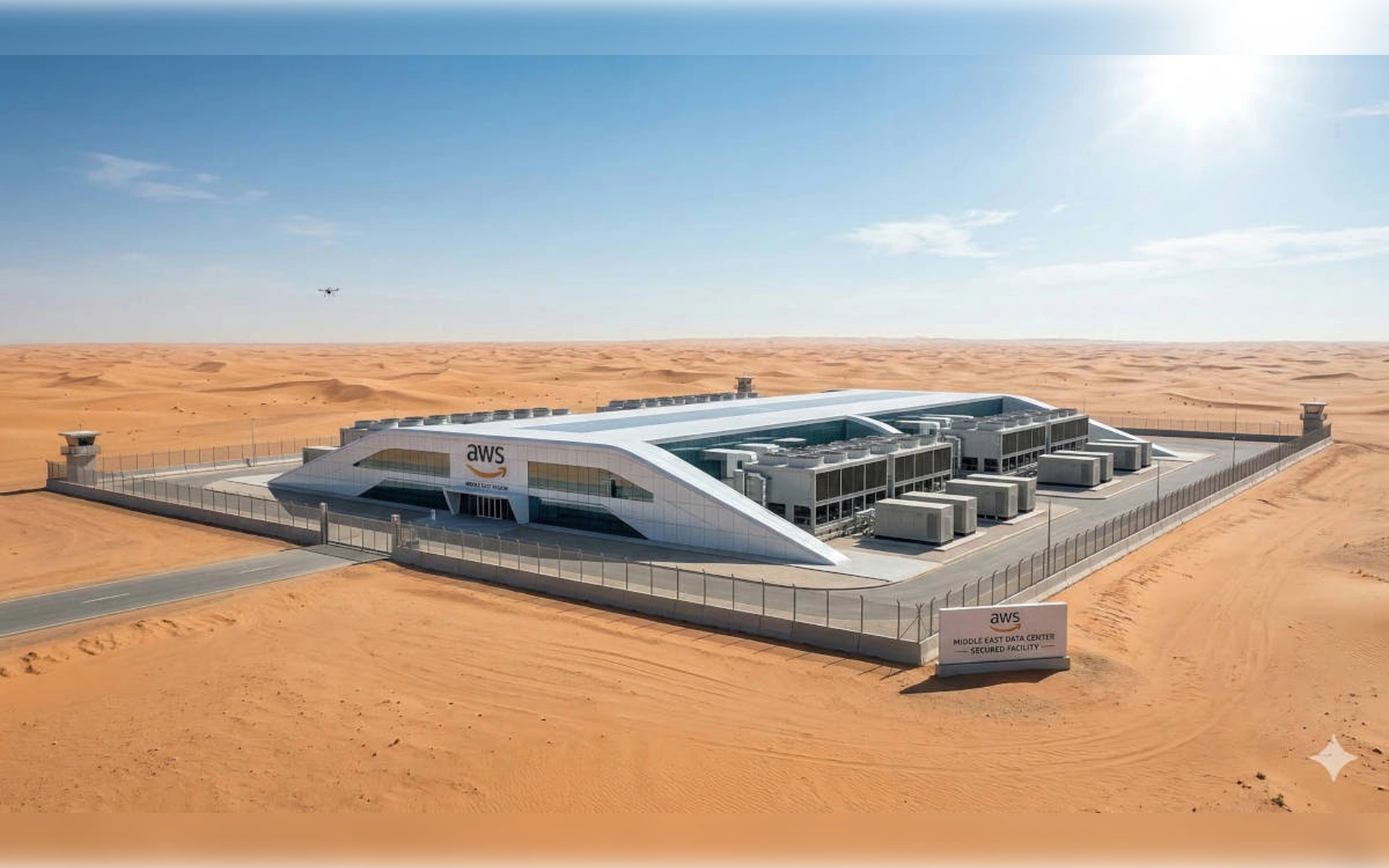 Modernes AWS Data Center in einer Wüstenlandschaft mit Dünen, gesichert durch Zäune und Wachtürme. Ein Schild kennzeichnet die "Middle East Region Secured Facility" - Bild KI generiert