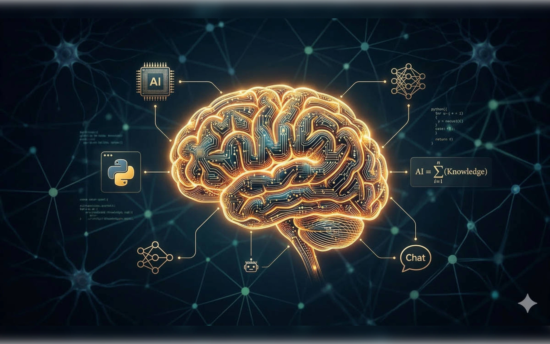Leuchtende Illustration eines menschlichen Gehirns als neuronales Netzwerk mit KI-Symbolen wie Python, Chat-Interface und Algorithmen auf dunklem Hintergrund.