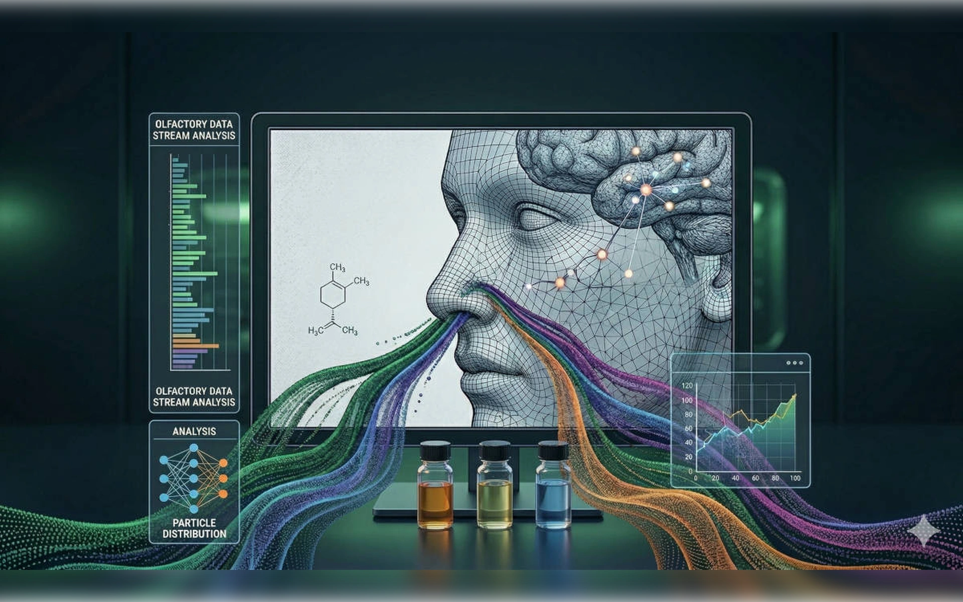 Illustrierte Darstellung einer digitalen Nase (E-Nose) zur Analyse von Duftmolekülen mit KI-Datenvisualisierung und Laborfläschchen.
