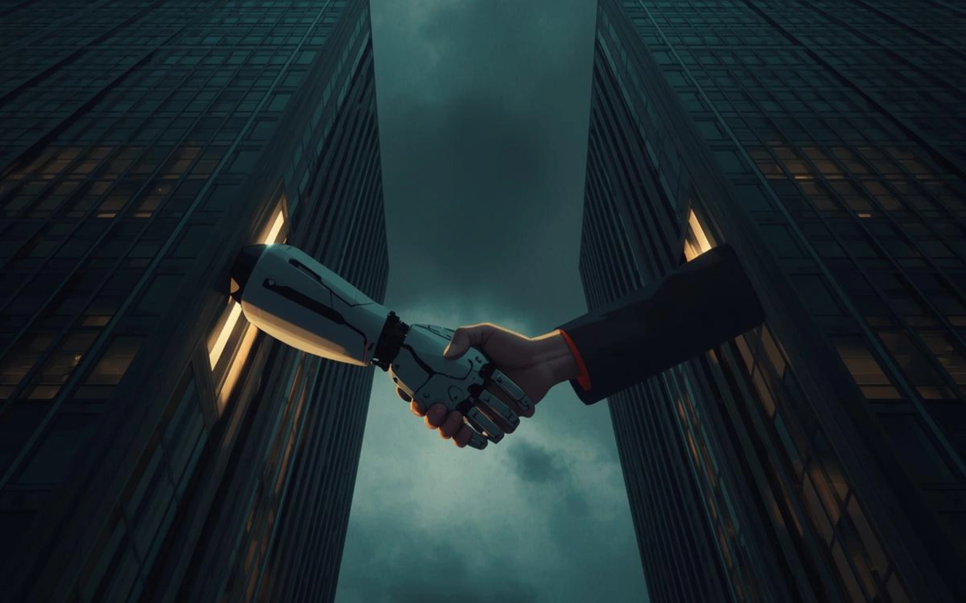 Ein Roboterarm und eine Menschenhand schütteln sich über einer belebten Stadtskyline, was die harmonische Zusammenarbeit von Technologie und Menschheit symbolisiert als externe Abteilung.