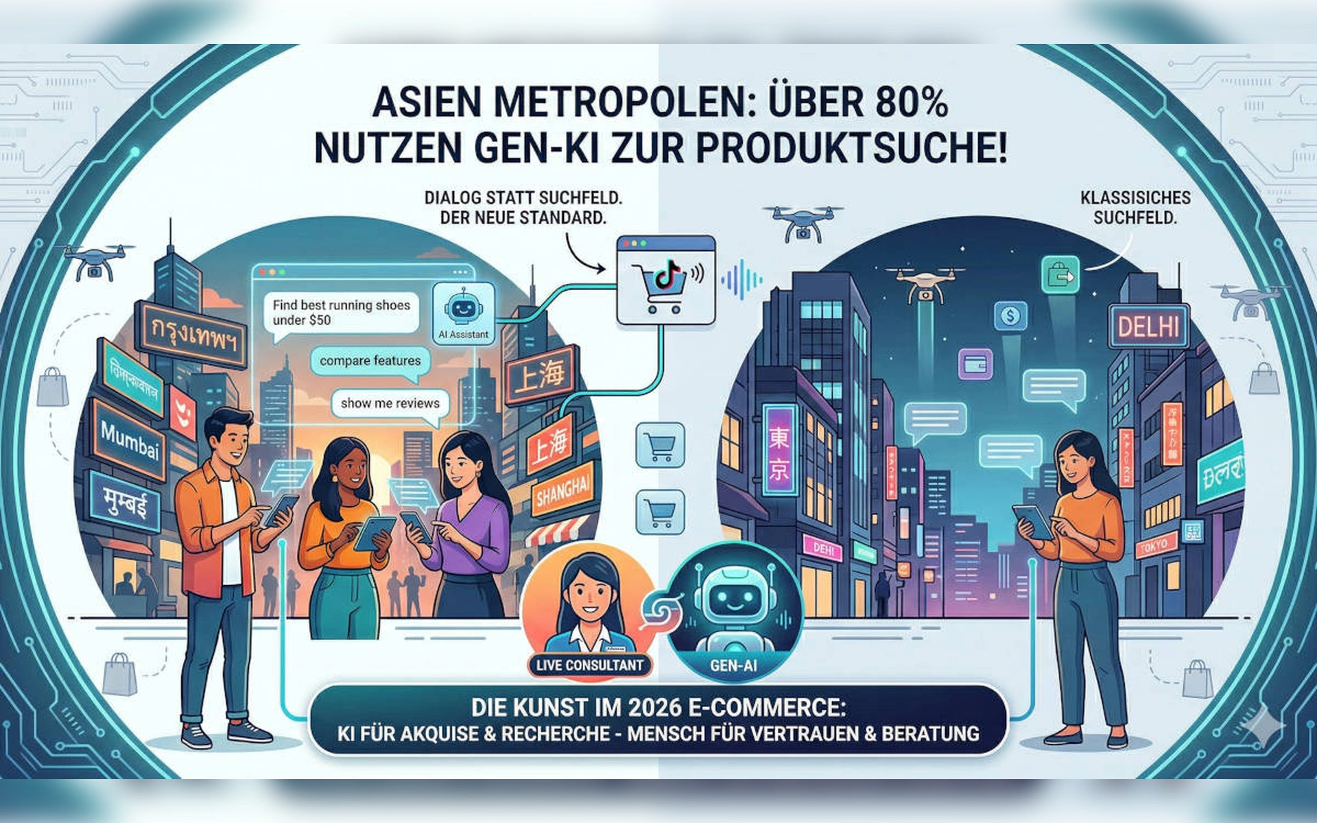 Infografik zu Gen-KI im E-Commerce 2026: Vergleich zwischen Dialog-Suche mit KI-Assistant in Asien-Metropolen und klassischem Suchfeld. Fokus auf Akquise durch KI und Beratung durch Menschen.