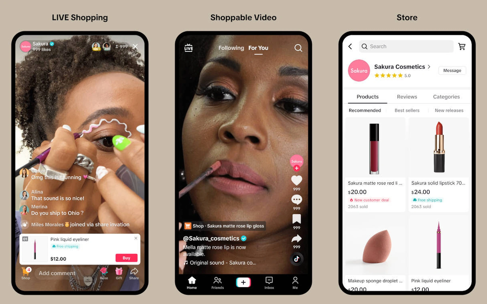 Darstellung der TikTok Shop-Funktionen: LIVE Shopping mit Produkt-Overlay, Shoppable Video mit Direktlink und die Storefront-Ansicht