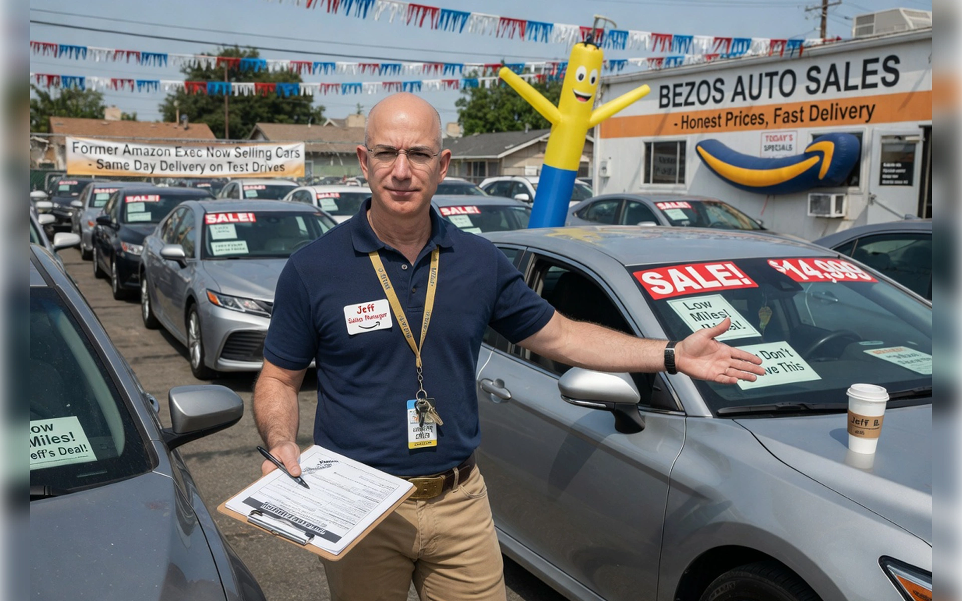 Bild von Jeff Bezos als Gebrauchtwagenhändler auf einem Parkplatz namens „Bezos Auto Sales“, umgeben von silbernen Autos und Werbebannern im Amazon-Stil.