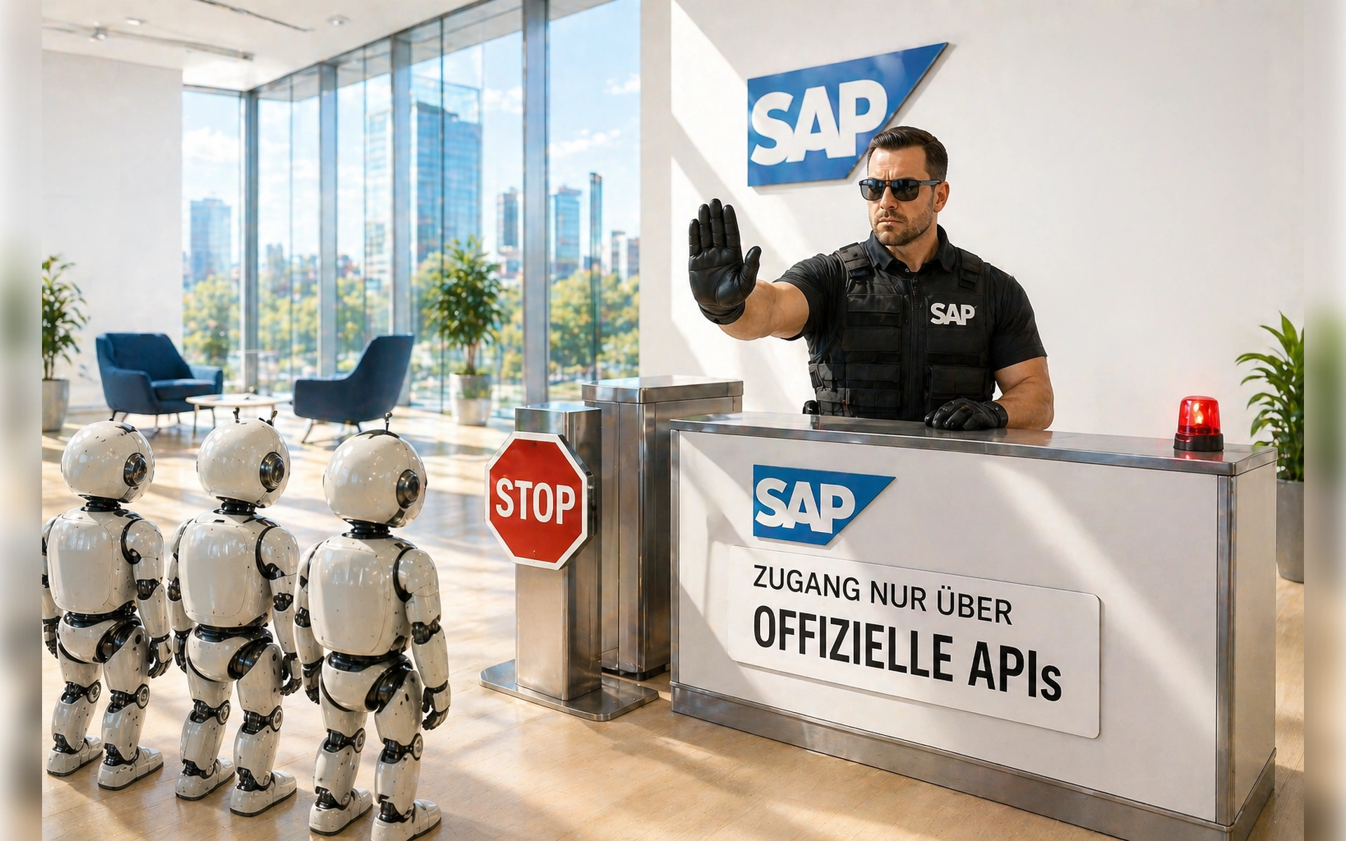 Ein Sicherheitsmann verwehrt drei kleinen Robotern den Zutritt zu einem SAP-Bereich. Ein Schild weist darauf hin: „Zugang nur über offizielle APIs“. Moderne Büroatmosphäre im Hintergrund.