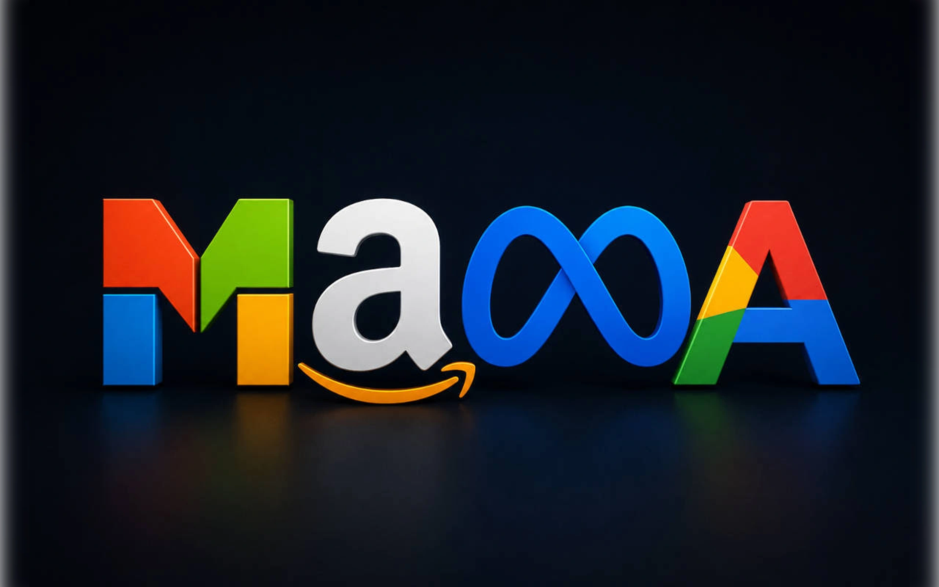 Das Wort „MAMA“ aus den Logos von Microsoft, Amazon, Meta und Alphabet (Google) vor dunklem Hintergrund zur Darstellung von Big Tech Marktmacht.