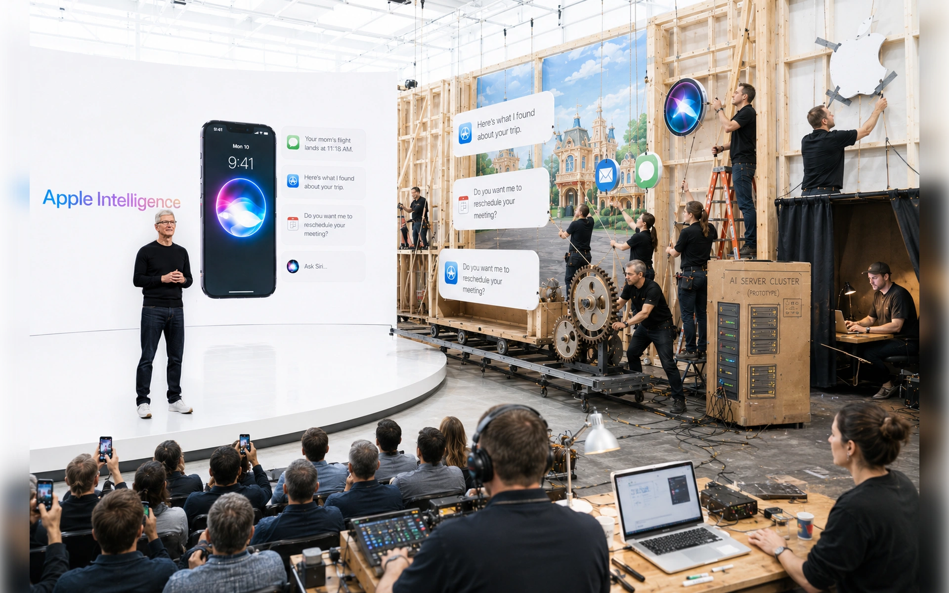 Tim Cook präsentiert Apple Intelligence auf einer Bühne, während im Hintergrund ein Team metaphorisch an der technischen Infrastruktur und den KI-Funktionen (Siri, Mail) baut.