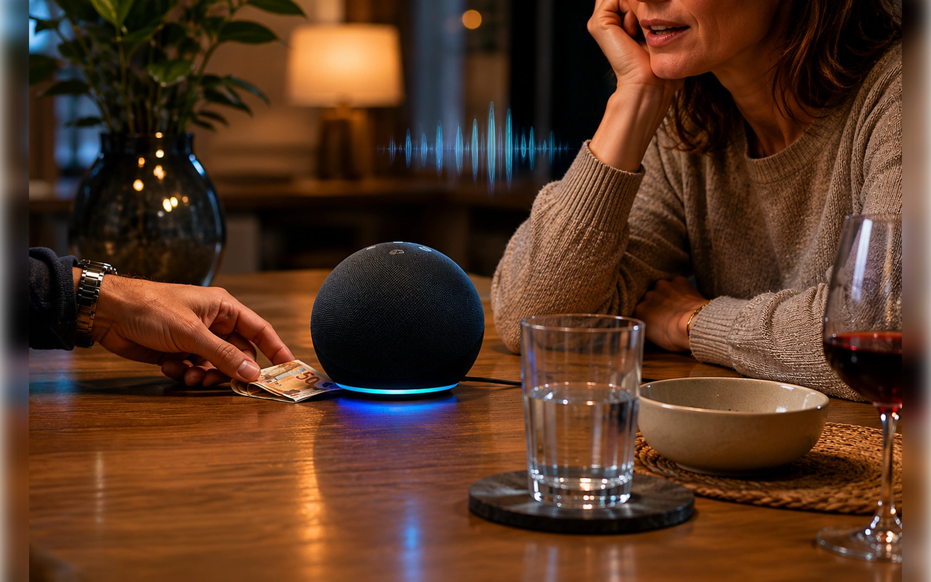 Smarter Lautsprecher Alexa mit leuchtendem LED-Ring auf einem Holztisch, unter den heimlich ein Geldschein geschoben wird. Eine Frau spricht im Hintergrund.