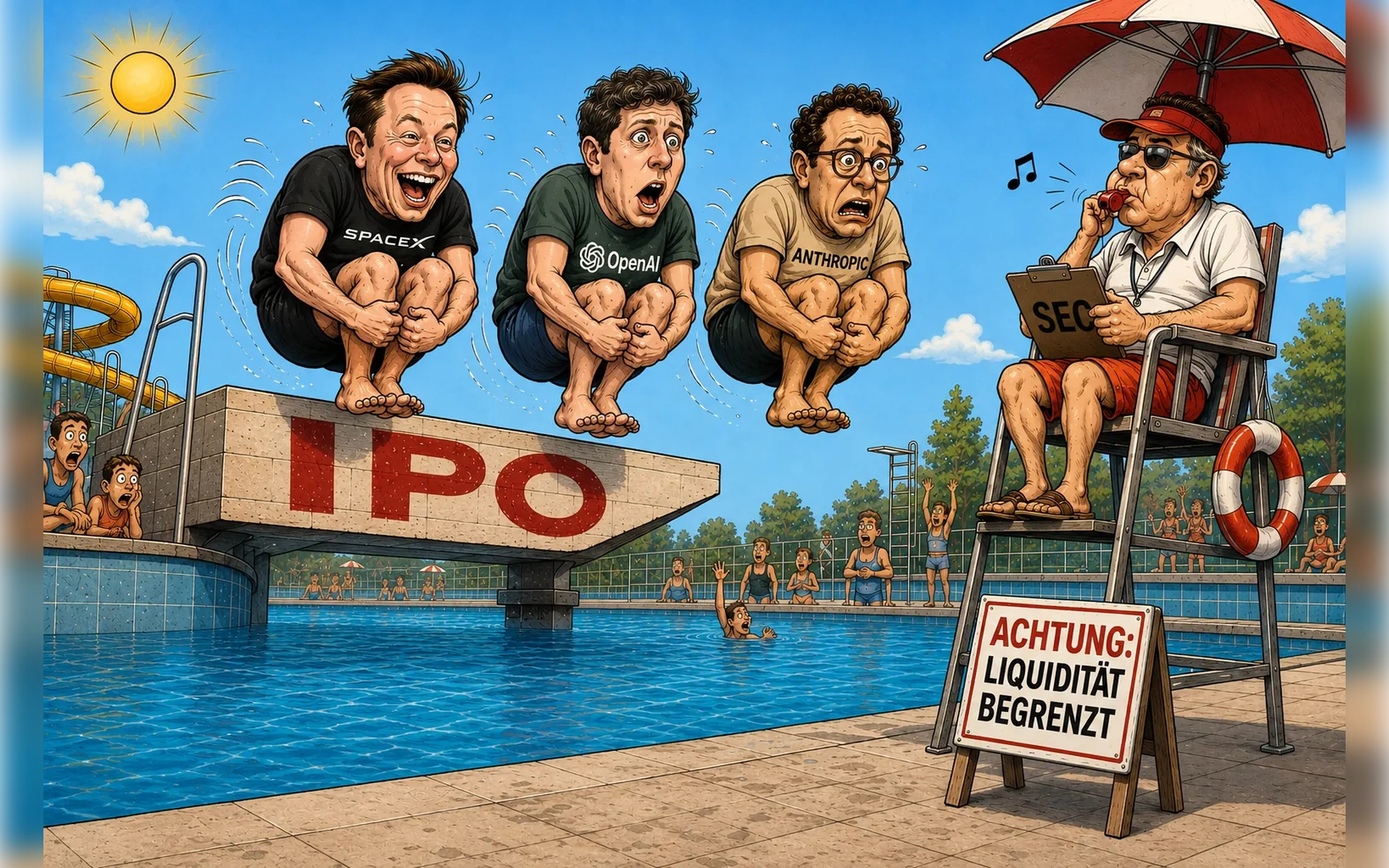 Karikatur: Elon Musk, Sam Altman und Dario Amodei springen vom IPO-Sprungturm in einen Pool. Ein SEC-Bademeister pfeift daneben; Schild warnt: „ACHTUNG: LIQUIDITÄT BEGRENZT“.