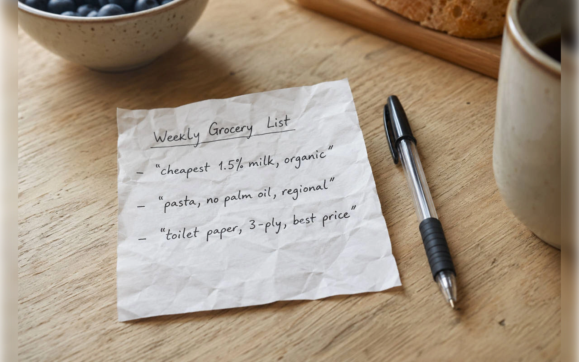 Handgeschriebene Einkaufsliste „Weekly Grocery List“ auf zerknülltem Papier neben einem Stift auf Holztisch. Die Punkte fordern günstige, biologische und regionale Produkte.