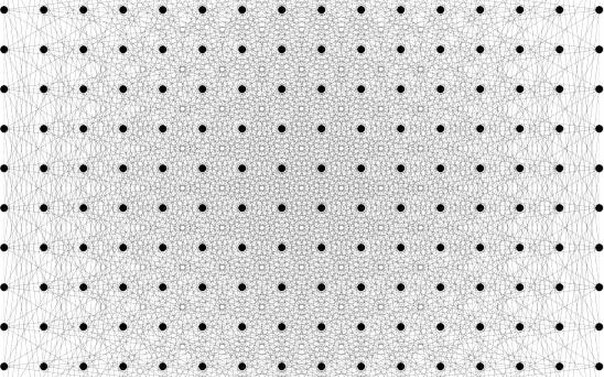 Mathematische Grafik zum Erdős-Distanzproblem: Ein symmetrisches Gitter aus schwarzen Punkten, die durch ein dichtes, komplexes Netz aus feinen grauen Linien miteinander verbunden sind.