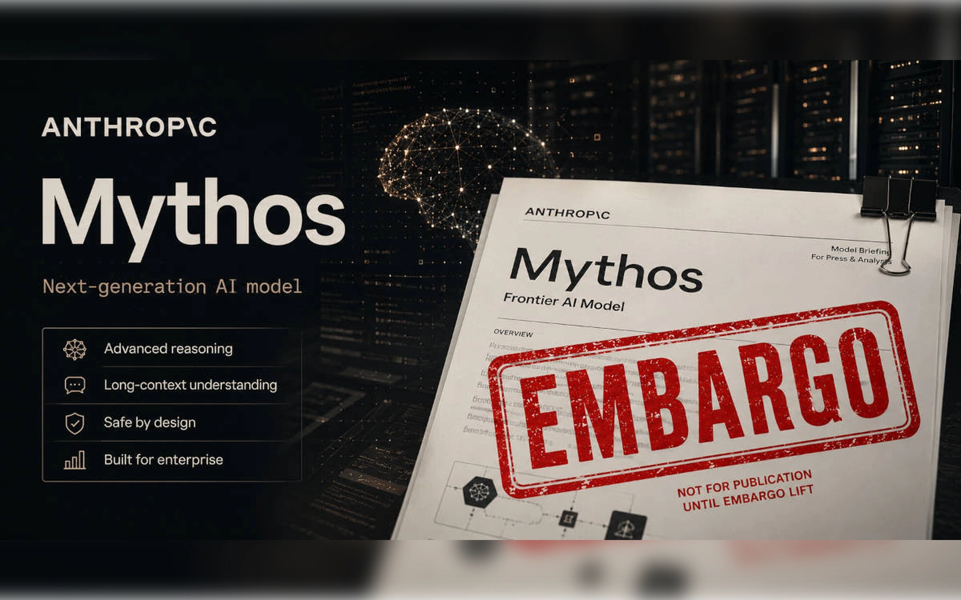Teaser-Grafik für das KI-Modell Anthropic Mythos mit einer Dokumenten-Vorschau, die einen großen, roten Stempel mit der Aufschrift EMBARGO trägt.