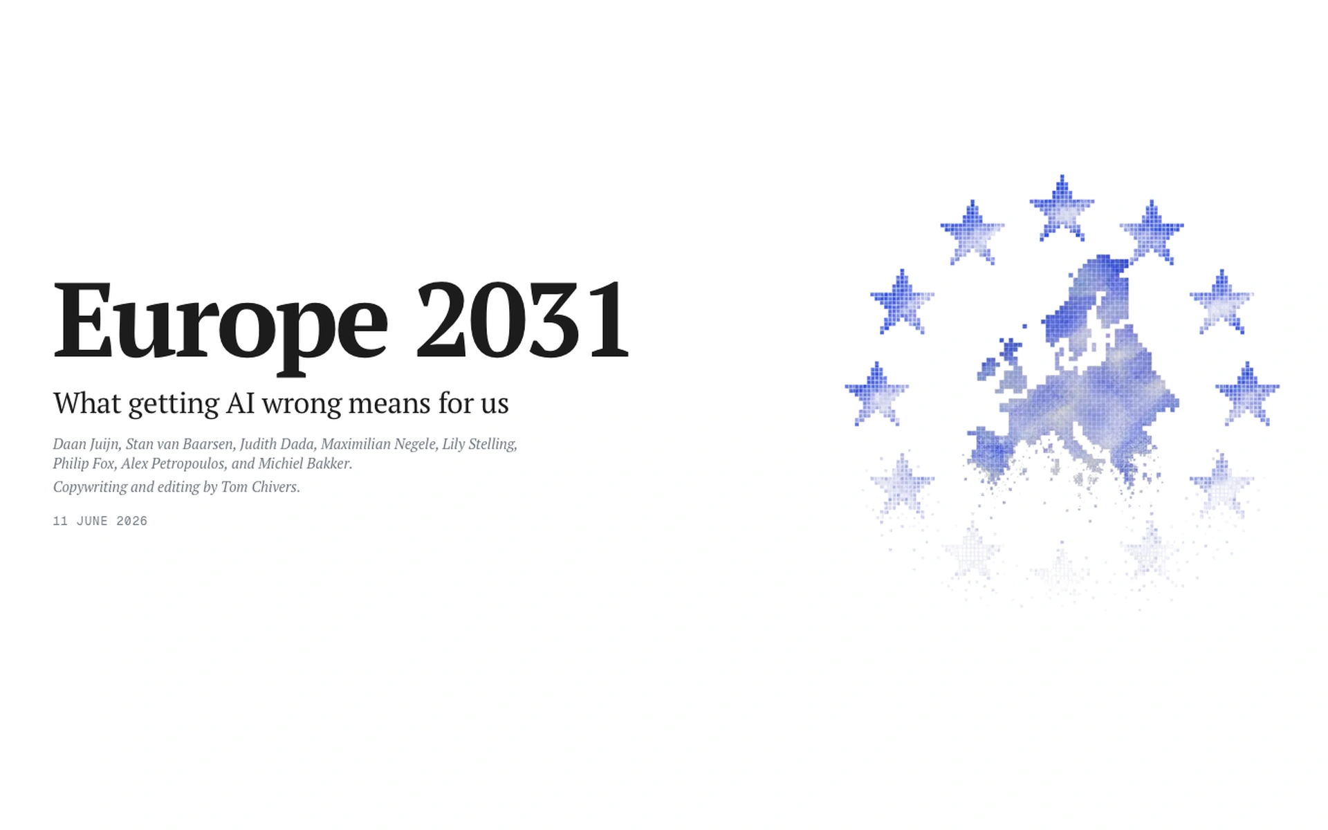 Minimalistisches Cover „Europe 2031: What getting AI wrong means for us“ mit einer aus blauen Sternen zerfallenden Europa-Karte.