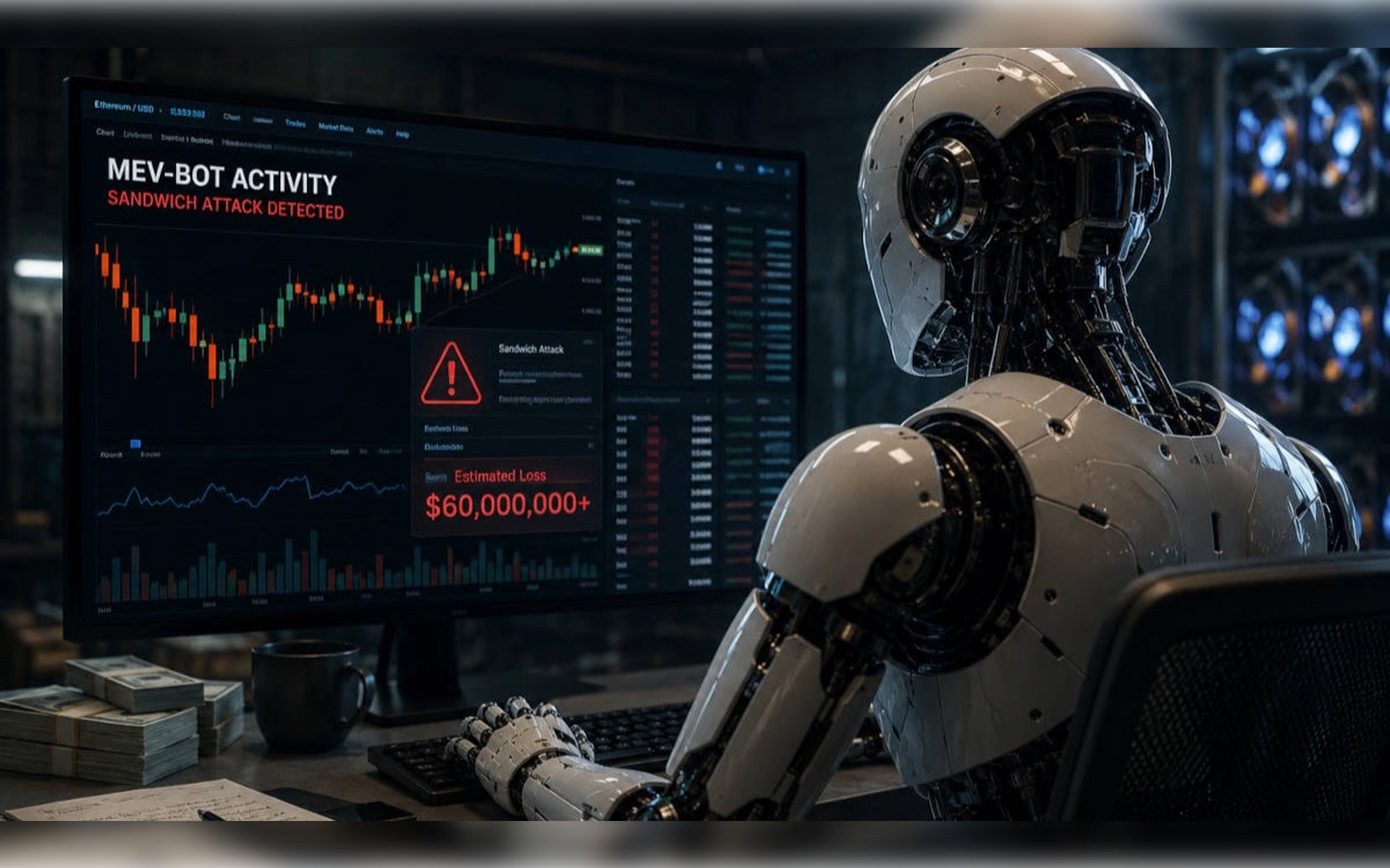 Ein futuristischer weißer Roboter sitzt vor einem Monitor, der Krypto-Charts und die Warnung „MEV-BOT ACTIVITY SANDWICH ATTACK DETECTED“ zeigt.