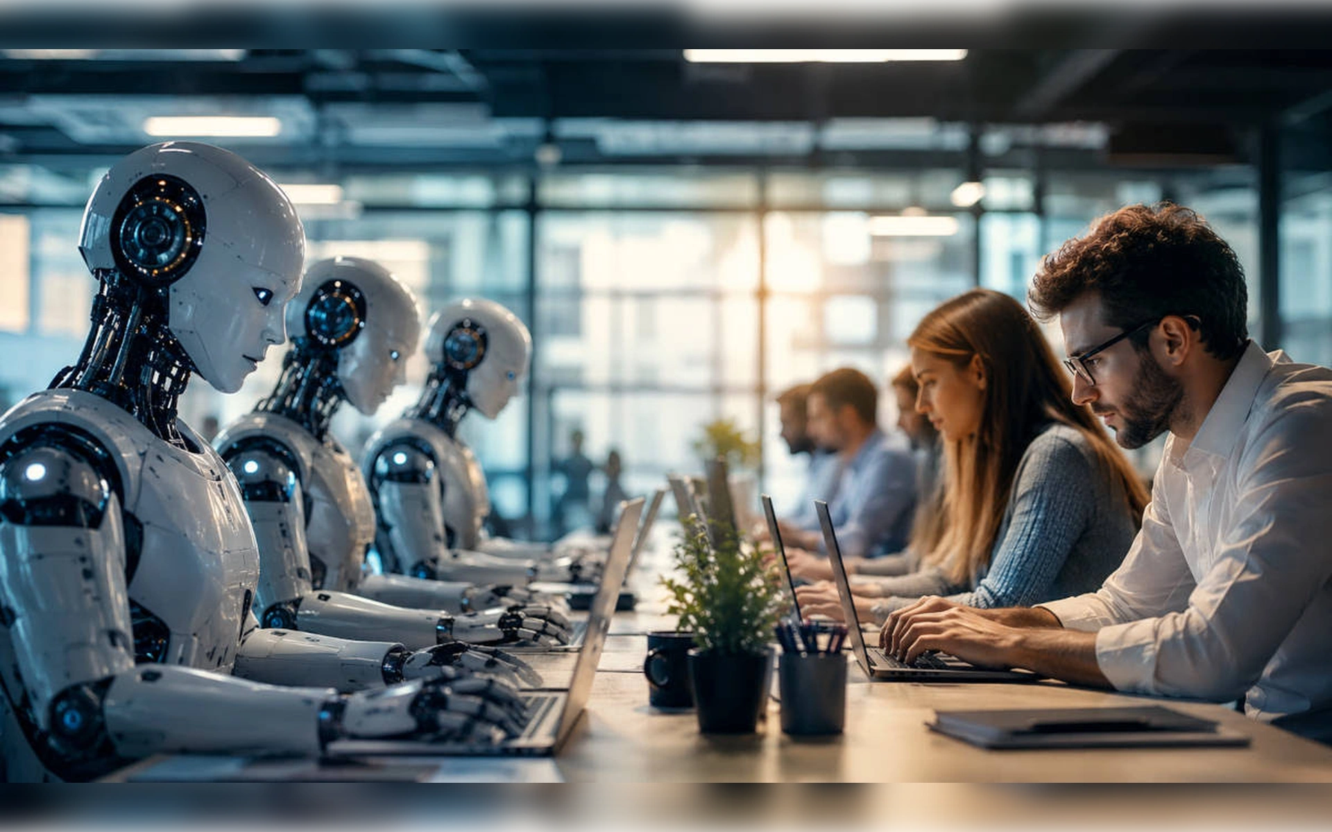 Drei weiße, humanoide Roboter und mehrere Menschen sitzen sich in einem modernen Großraumbüro an einem langen Tisch gegenüber und arbeiten konzentriert an ihren Laptops.
