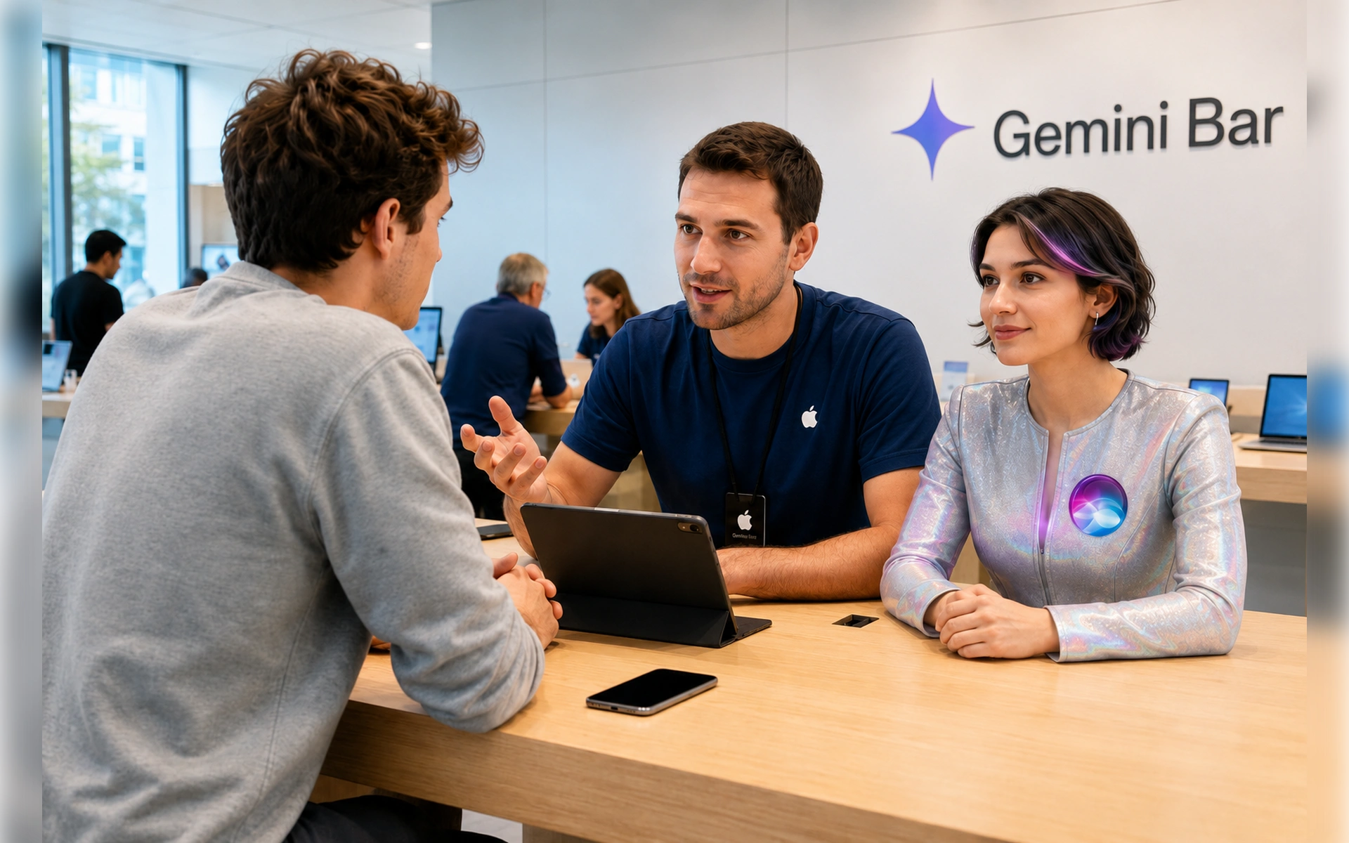 Ein Apple-Mitarbeiter im Store erklärt einem Kunden etwas an einem Tablet. Neben ihm sitzt eine futuristische Frauenfigur mit leuchtendem Siri-Logo vor der Aufschrift „Gemini Bar“. Welcher Schwerpunkt ist dir für die weiteren Bilder besonders wichtig – li