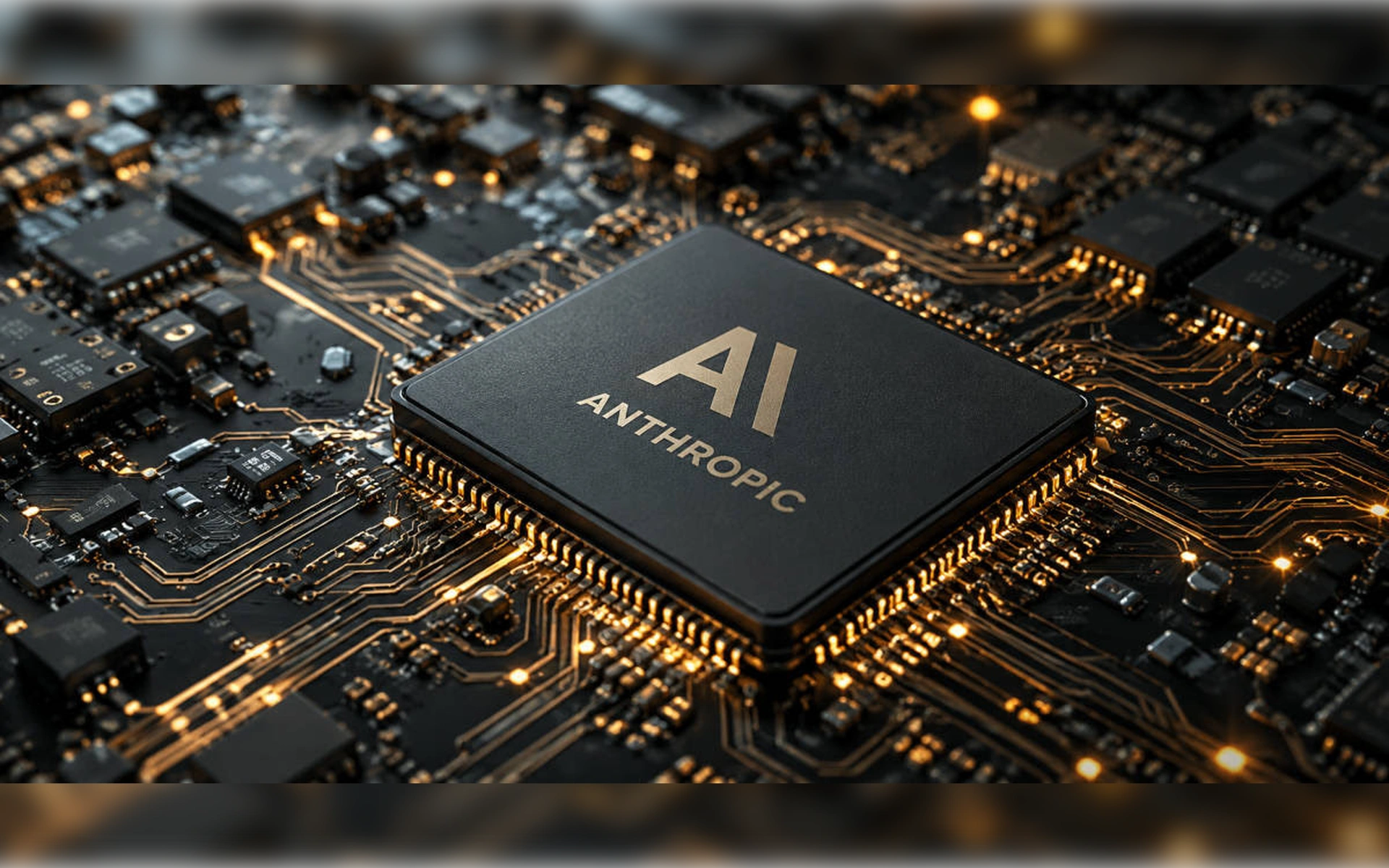 Nahaufnahme einer hochmodernen Platine mit einem Mikrochip im Zentrum, auf dem das goldene Logo „AI ANTHROPIC“ abgebildet ist.