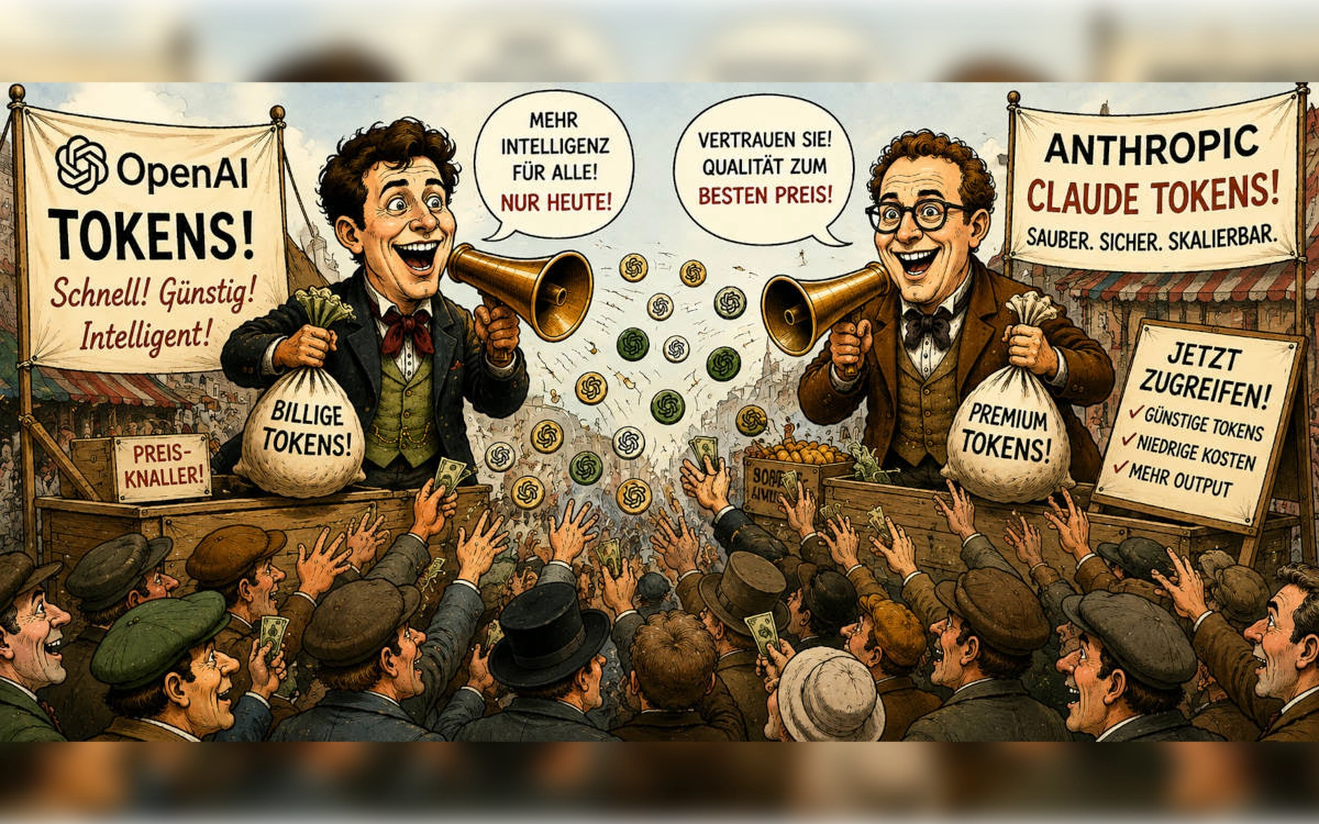 Illustration im Marktstand-Stil: Zwei Marktschreier werben um Käufer für AI-Tokens von OpenAI („Billige Tokens“) und Anthropic Claude („Premium Tokens“).