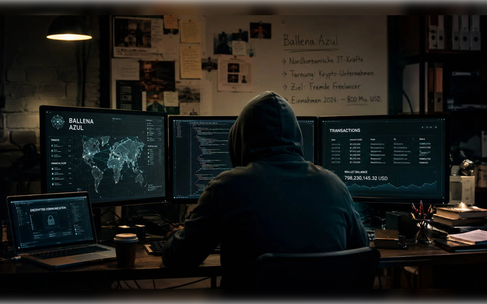 Hacker mit Kapuzenpullover im dunklen Raum vor mehreren Monitoren. Im Hintergrund eine Whiteboard-Notiz zu „Ballena Azul“ und nordkoreanischen IT-Kräften.