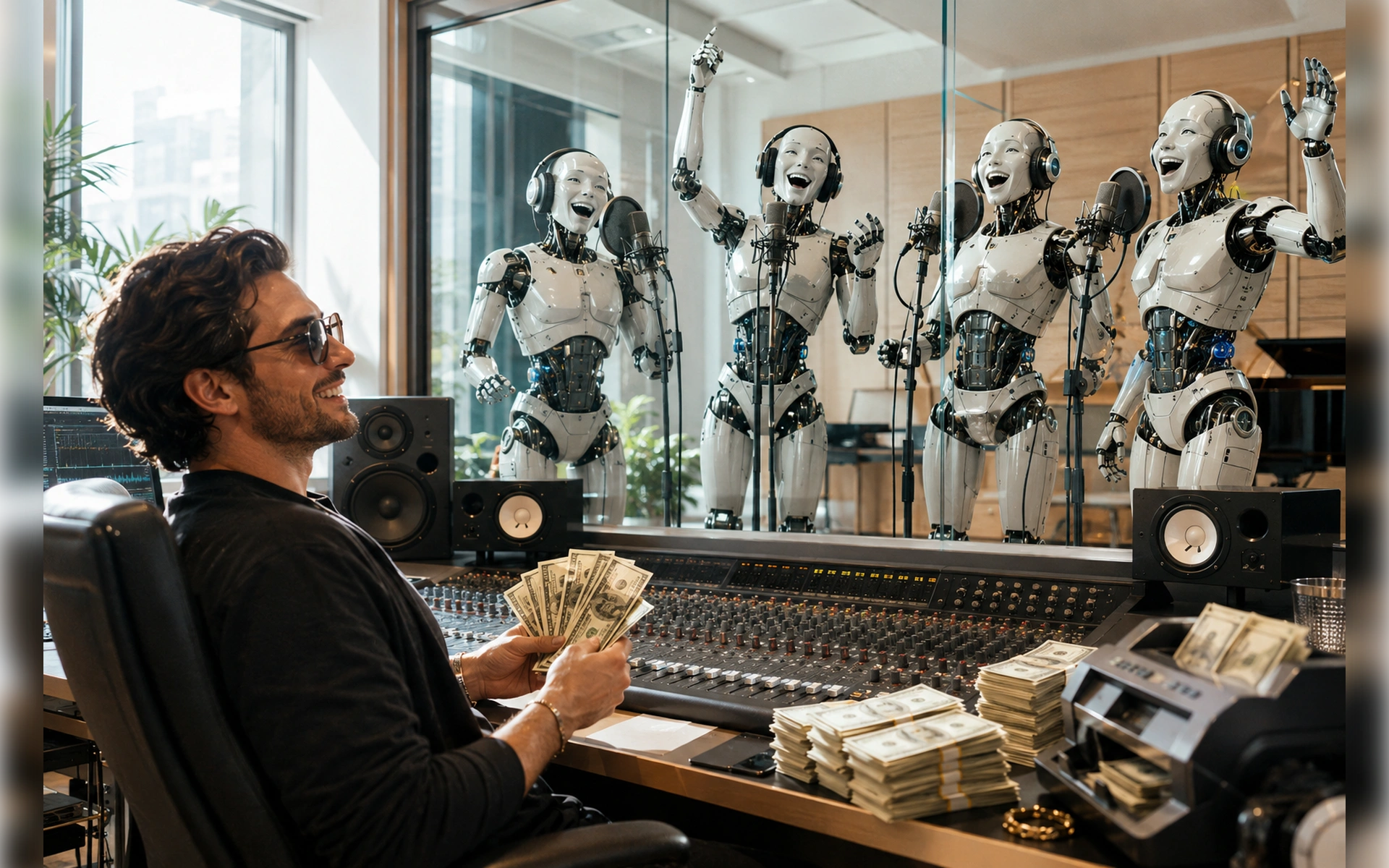 Alt-Text (Bild 1 / Cover169.jpg) Musikproduzent mit Sonnenbrille zählt Geldscheine am Mischpult im Tonstudio, während vier humanoide Roboter mit Kopfhörern hinter einer Scheibe begeistert an Mikrofonen singen. (181 Zeichen)