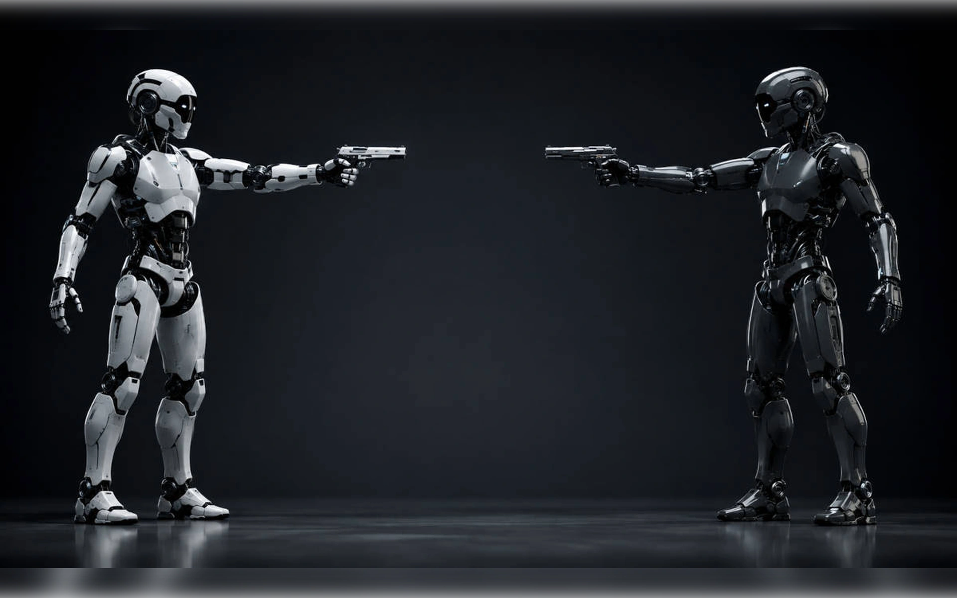 Zwei hochmoderne humanoide Roboter – einer weiß, einer schwarz – stehen sich auf dunkelgrauem Grund gegenüber und zielen mit Pistolen aufeinander.