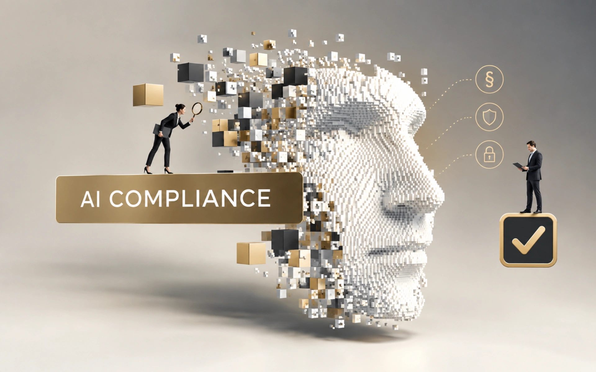 Grafische Darstellung zum Thema AI Compliance: Ein digitaler Kopf aus Würfeln, geprüft von zwei Personen. Symbole stehen für Recht, Schutz und Sicherheit.
